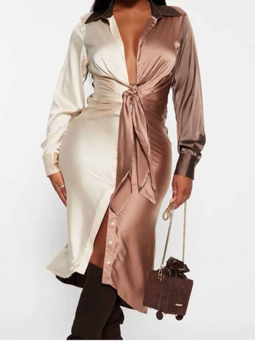 Satin Two-Tone Tie-Front Shirt Dress - Cream & Brown👏🏾